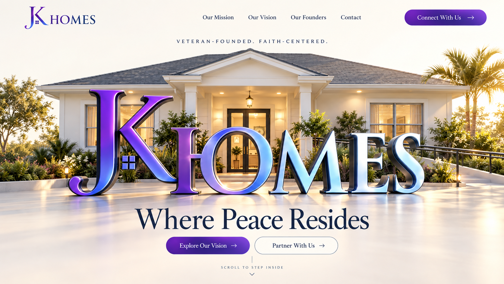 The supplied JK Homes concept: a wide white house with purple, blue, and silver JK HOMES lettering